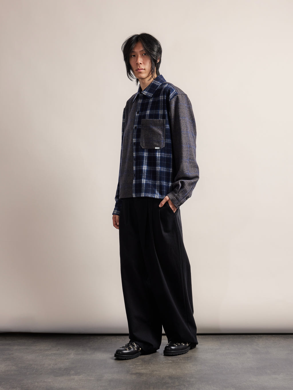 Patched Flannel Shirt - Blue